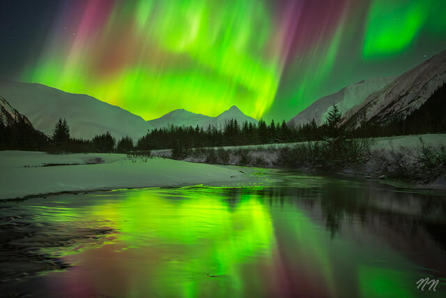 Northern lights reflecting in water beneath snow covered mountains and evergreen trees in Portage Valley, Alaska.