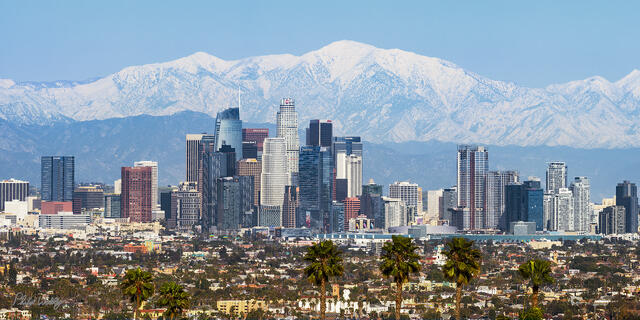 Daytime photograph of downtown Los Angeles skyline with palm trees and snow covered mountains in the background.